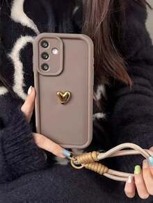 酒红色砂纸纹理手机壳，兼容 17/17 Air/17 Pro/17 Pro Max、16/15/14/13/12/11、Redmi 手机，3D 硅胶心形编织带防滑防震保护套（兼容 15 Pro/S24/P60）、Apple 12、A16、17、17 Pro Max - 棕色+金心+繩 - 查看 3