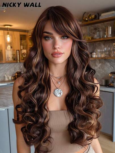 NICKY WALL Peluca larga y rizada con flequillo de fibra sintética resistente al calor, mezcla de castaño claro y rubio, para uso diario, teatro y escenario, de 28 pulgadas