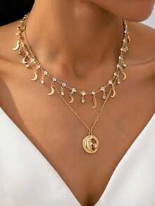 2 件时尚高端重饰月亮和钻石吊坠项链，适合女性日常、派对、情人节、母亲节装扮、礼物、分层佩戴 - 金黃色 - 查看 7