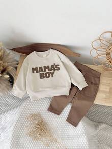 Set de 2 piezas de sudadera de manga larga con parche de letras y pantalones casuales para niño bebé, primavera/verano - Marrón - Ver 4