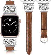 Compatible con correas de Watch para mujeres de 38/40/41/42mm, correa de cuero elegante y delgada con hebilla de nudo celta entrelazado para Series 11 10 9 8 6 5 4 SE 3 2 1, Starlight - Marrón/Plata - Ver 12