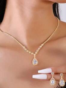 Bộ trang sức mặt dây chuyền hình giọt nước lấp lánh màu xanh cổ điển, phụ kiện váy cưới sang trọng phù hợp cho tiệc tối - Vàng trắng - Xem 3