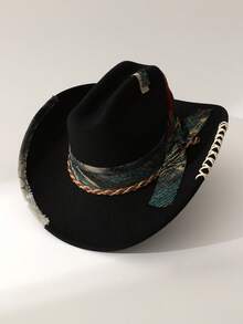 1pc Women's Fashion Solid Color Brimmed Hat, Vintage Wide Belt & Scarf Decor, Minimalist Feather Accent, Hand-Embroidered Tie Decor, Wide Brim Flattering Fit Unisex Versatile Style