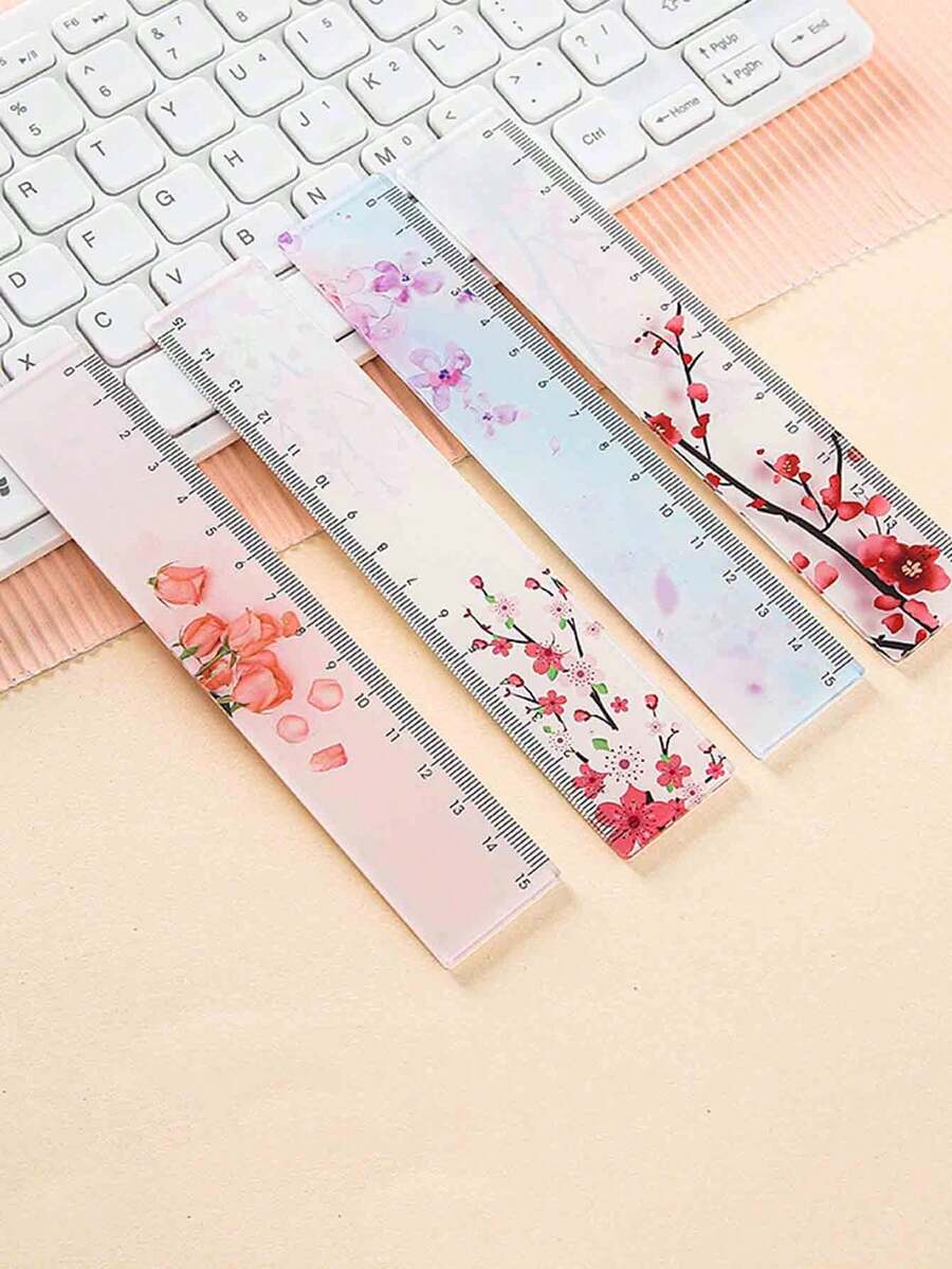1pc Floral Transparent Acrylic Ruler, Multi-Functional Creative Planner Ruler, Cartoon Student Stationery - Multicolor - View 1