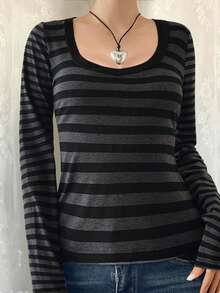 GAOVOT Women's T-Shirt For Autumn And Winter Y2k Sexy Young Hot Striped Color-Blocking Round-Neck Long-Sleeved Top