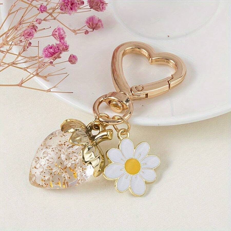 1pc Cute Strawberry Keychain With Fresh White Flower & Heart Decor, Handmade Bag/Car Charm, Gift For Friends/Family, Birthday/Valentine's Day - Multicolor - View 1