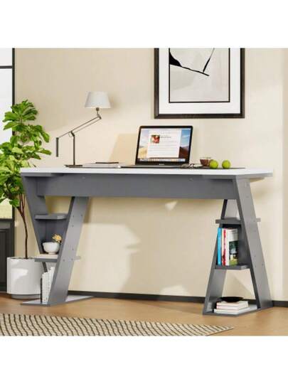 120 50 74 Cm Einfacher Schreibtisch, Schreibtisch Mit Förmiger Halterung, Lagerregal Dry Positionen, Farblich Abgestimmtes In Grau Weiß, Stylish Robust, Wit view 5