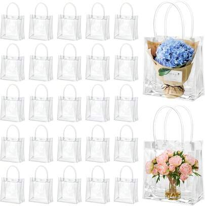 TAGNEFLOR 40 pcs Bolsas de Regalo Transparentes con Asas,Bolsas de PVC Reutilizables,bolsa para dulces con lazo,Adecuado para la compra de bolsos de regalo,bodas,cumpleaños (transparente 20x20x10)