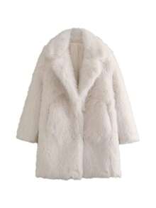 女士时尚仿皮草长款外套，纯色长袖女式大衣，复古时尚街头风冬季外套 白色 - 白色 - 查看 6