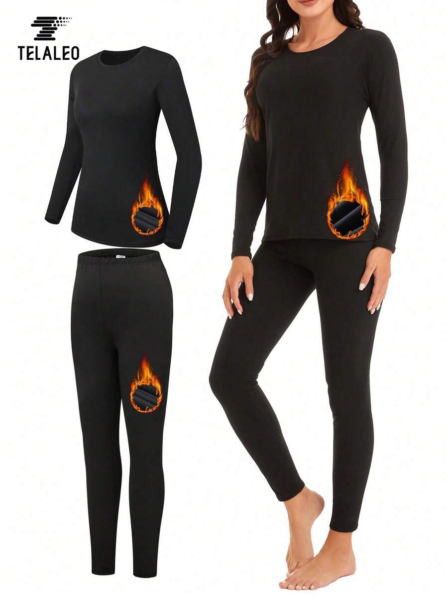 2 件纯色打底衫套装，长袖圆领 T 恤和羊毛内裤保暖内衣套装，女士运动服 - 黑色 - 查看 1