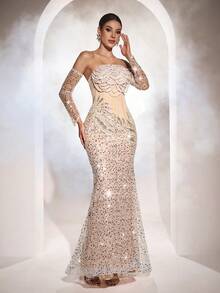 Đầm dạ hội sang trọng Astony, được trang trí bằng sequin, tua rua và ngọc trai, với thắt lưng xương cá, cổ tay áo đính sequin và chân váy đuôi cá quyến rũ. Thích hợp cho lễ hội hóa trang, đám cưới, lễ đính hôn, tiệc sang trọng, lễ hội âm nhạc và tiệc sinh nhật. - trắng - Xem 4