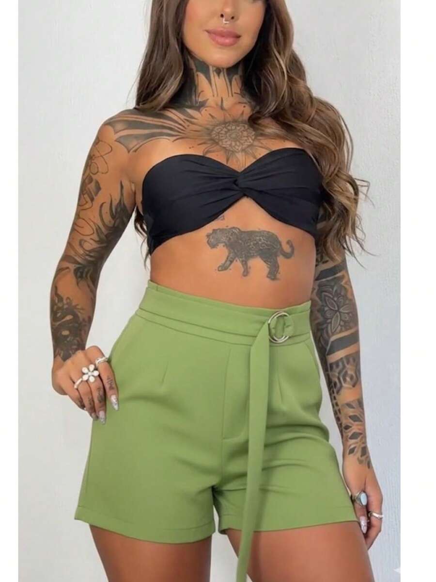 Women's Tailored Shorts With Ties - Army Green - View 1