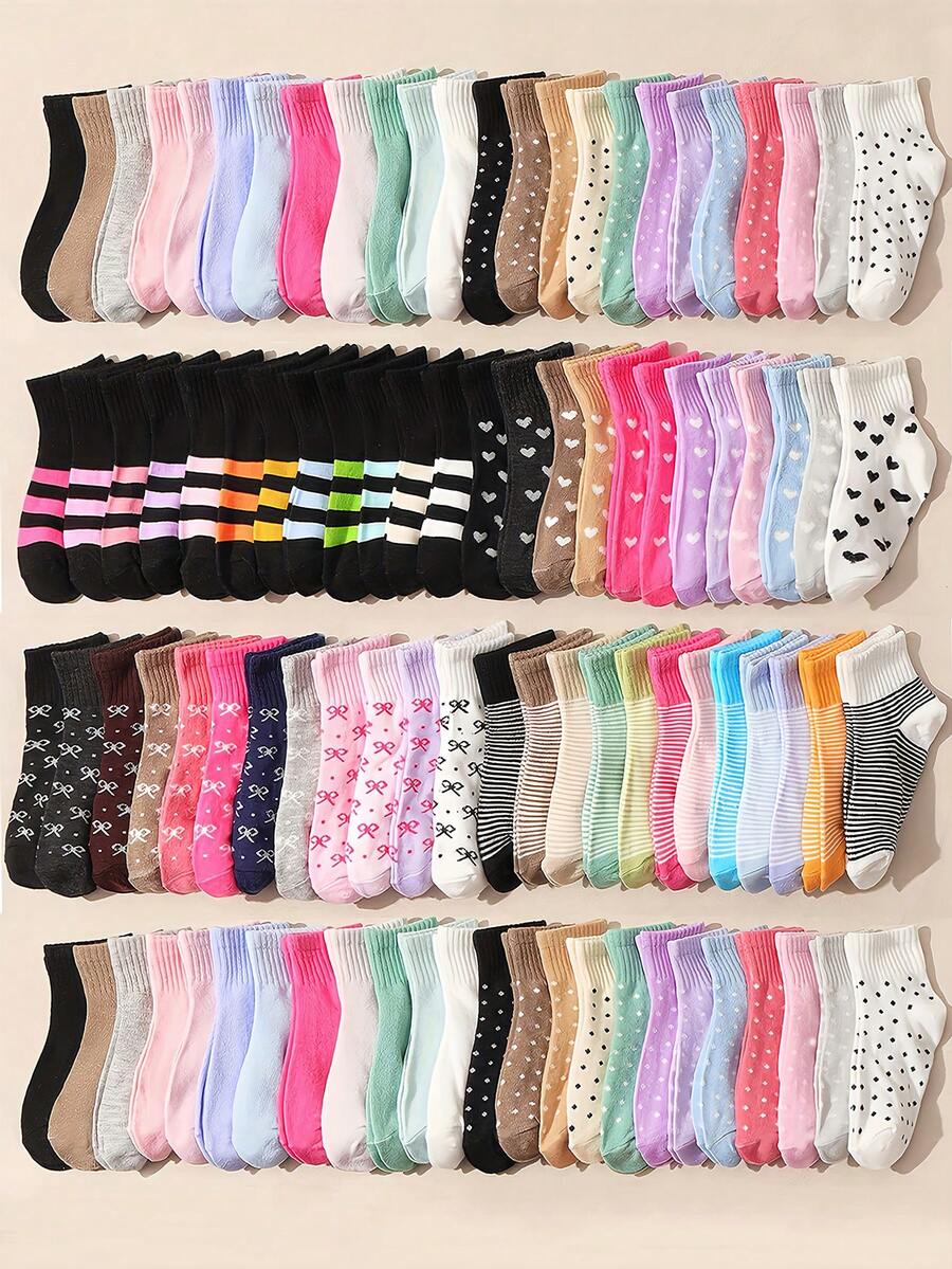 20 Pairs Of Random Children's Socks, Striped, Heart-Shaped, Dotted, Solid Color, Printed, Suitable For Daily Life/Dressing, Girls, Breathable, Comfortable, Soft, (1-16 Years Old) Autumn And Winter