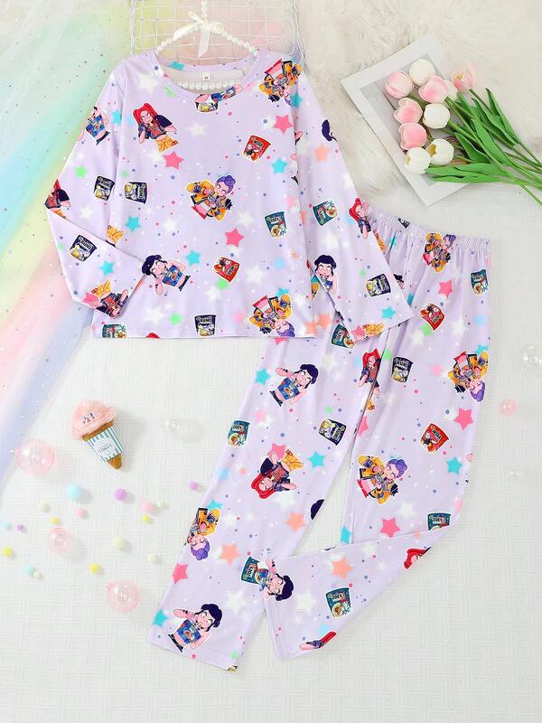 Set de 2 piezas de pijama informal para niñas y adolescentes con estampado de niña de dibujos animados en cuello redondo y manga larga, pantalones, retardante de llamas, para todas las estaciones