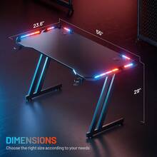 HLDIRECT Gaming Desk With LED Lights Carbon Fibre Surface Gaming Table Large Computer Desk Ergonomic Home Office Desks Z Shaped PC Gamer Workstations With Cup Holder & Headphone Hook - Black - View 11