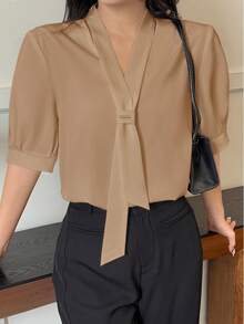 Women's Solid Color Bow Tie Design Short Sleeve Casual Office Shirt - Khaki - View 6