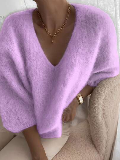 Sweter z kaszmiru w jednolitym kolorze z dekoltem w serek