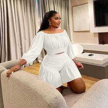 Plus Size Women's Ruffled One-Shoulder Puff Sleeve Top & Shorts 2-Piece Set - Sweetheart Neckline Waist-Defining Casual Outfit Date, Vacation & Party,Plus Size Fall Clothes Women,Plus Size Women Clothes,Seven Colors Are Available Selection.Please Check Size Chart Before Purchasing. - 乳白 - 查看 3