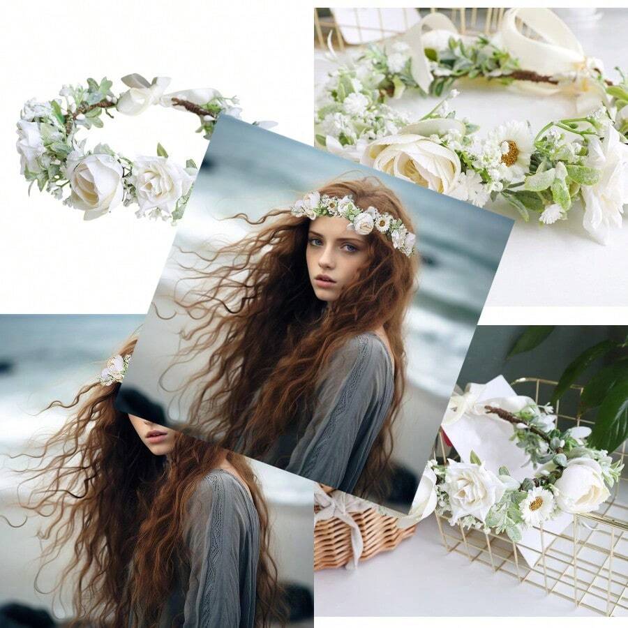 Girl Flower Crown Floral Crown Women Floral Headband Flower Headpiece Halo Boho Maternity Photo Props Wedding Party Prom White