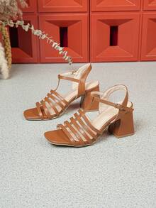 French Summer Women's Sandals, Thick Heel High Heels, New Bohemian Buckle Personalized Fairy Style Buckle Square Toe Open Toe Women Shoes, Beach Buckle - Brown - View 2