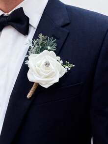 1 pieza/6 piezas Flor de rosa artificial de PE Boutonnière del novio Corsage del hermano Pasador de graduación Traje de boda Flores de fiesta Decoración