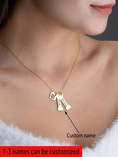 1PC Customized Pet Paw Print Bone Necklace, Heart-Shaped Pendant Necklace, Necklace With Name, Custom Jewelry, Unisex Necklace, Custom Necklace, Name Necklace, 1-3 Names Can Be Customized, Customized Christmas Gifts, Halloween Gifts, Birthday Gifts, Pet Lovers Gifts, Suitable For Personalized Gifts For Family And Friends