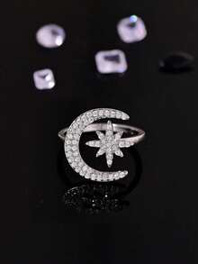 1 Pc Stylish And Elegant 24K Gold Plated Sun And Moon Ring For Women.2025 Middle East European And American Zirconia Sun And Moon Rings, Seiko High-Quality  Adjustable Openning Ring. Perfect For Birthday, Valentine's Day.Gift For Daughter, Friend, Mother. Suitable For Business/Casual/Daily Wear. - Sun and Moon - View 10