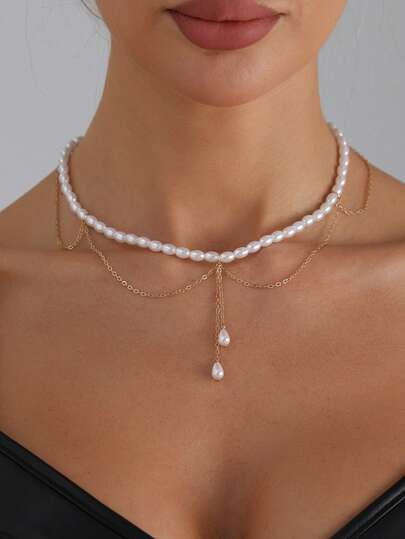 1pc Vintage Elegant Fashion Tassel & Pearl Necklace, Suitable For Women, Bride, Wedding, Engagement, Holiday Party, Daily Wear