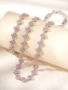 Bộ 2 chiếc vòng tay và vòng cổ bằng đồng Cubic Zirconia hình cỏ ba lá, thích hợp làm quà tặng cho phụ nữ, đeo hàng ngày - Cỏ bốn lá - Xem 4