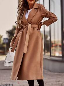 Abrigo de manga larga de mezcla de lana de color liso y moderno para mujer, trench coat moderno para mujer, chaqueta abrigo minimalista con cinturón para mujer de otoño/invierno - Caqui - Ver 4