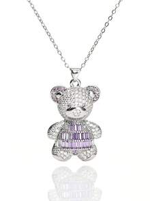1pc Fashionable Elegant Cute Copper Inlaid Zirconia Bear Pendant Necklace, Jewelry For Women, Suitable For Daily Wear And Party/Holiday Style, Valentine's Day Couple Gift