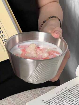 1个不锈钢罗纹香槟碗，家用双层隔热饭碗，商用甜点酸奶碗