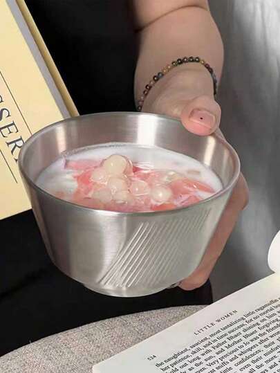 1pc Stainless Steel Ribbed Champagne Bowl, Household Rice Bowl With Double Layer Heat Insulation, Commercial Dessert & Yogurt Bowl