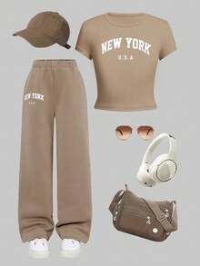 Girls' Outfit, American T-Shirt Set, Fitted Top Paired With Flowing Pants, Lightweight, Elegant, Fashionable / Suitable For Slim Figures - Khaki - View 11