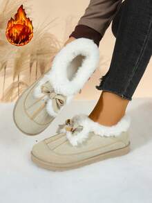 Bottes de cheville d'hiver pour femmes, douces et chaudes, doublées de thermique. Décor mignon avec nœud, tige  semelle épaisse confortable et antidérapante. Bottes de neige casual - Beige - Voir 2