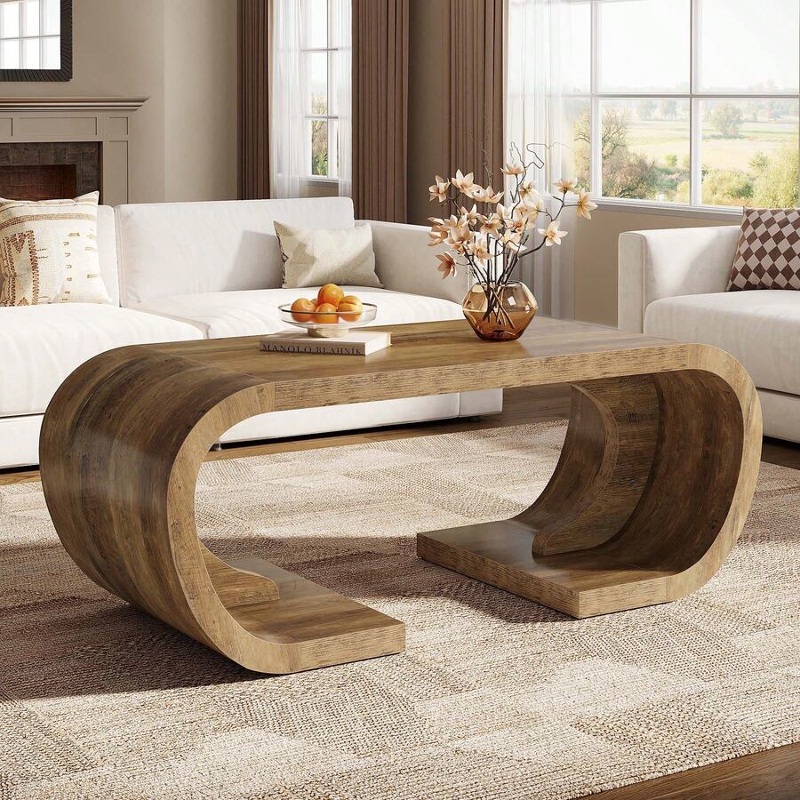Tribesigns Large Farmhouse Coffee Table, C-Shaped Center Table With Curved Side, Heavy Duty Rectangle Tea Accent Furniture For Living Room, Rustic Brown - Rustic Brown - View 1