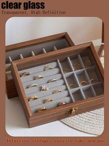 1 Pc. Large-Capacity Vintage Walnut Jewelry Storage Box. Clear Glass Allows For Intuitive Storage, Making It Easy To Access And Store. The Delicate, Glossy Texture Is Durable And Easy To Wipe, Ensuring A Neat Appearance Even With Long-Term Use. The Drawer-Style Compartments Allow Necklaces, Earrings, Bracelets