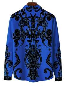 Áo sơ mi nam dài tay in họa tiết hình học cổ điển, kiểu dáng thường ngày, ôm sát, phong cách Gothic, phù hợp cho kỳ nghỉ, dạo phố, mùa xuân và mùa thu. - Màu xanh lam - Xem 3