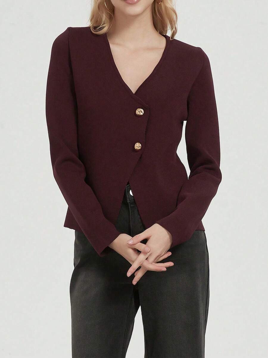 Áo len dài tay cổ chữ V tay dài Se-Helo dành cho nữ, kiểu dáng tối giản, thanh lịch, thích hợp cho công sở/học sinh, trang trí cúc kim loại, kiểu dáng ôm sát, đa năng, thích hợp cho mùa thu/đông. - Màu đỏ tím - Xem 1