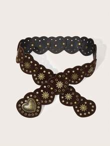 Bohemian Brown Suede Retro Heart Shaped Waist Belt, Y2K Girl Waist Belt, BOHO Heart Patchwork Rivet Decor Western Style Vintage Music Festival Belt Accessory, Suitable For Skirts, Music Festivals, Parties, Valentine's Day, XL/XXL Plus Size - Brown - View 3