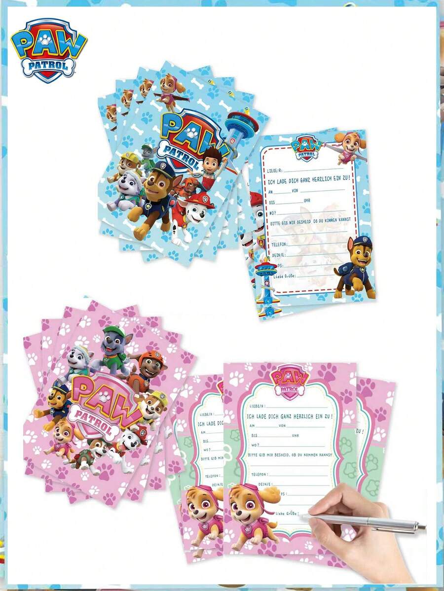 Paw Patrol 12/24 张汪汪队主题派对生日邀请卡。粉色和蓝色汪汪队生日、节日、派对邀请卡、贺卡邀请函 - 彩色 - 查看 1