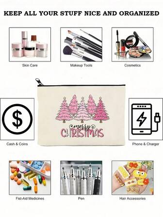 1pc Christmas Makeup Bag With Storage Compartments - Cute Snowflake Reindeer Print Cosmetic Pouch, Waterproof Travel Organizer For Lipstick, Brush, Skincare, Perfect Xmas Gift For Her, Compact & Stylish