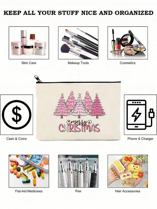 1 pieza Bolsa de maquillaje navideña con compartimentos de almacenamiento - Bolsa de cosméticos impresa con copos de nieve y renos, organizador de viaje impermeable para lápiz labial, brochas, cuidado de la piel, regalo de Navidad perfecto para ella, compacto y elegante