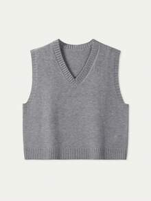 FOR BEAUTY V-Neck Sleeveless Knit Vest, Women Casual Loose Cropped Sweater, New Year Item, Spring/Autumn - Grey - View 6