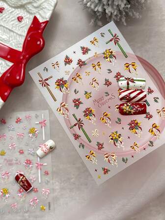 1pc 3D Christmas Bow Nail Art Sticker, Sweet Style Christmas Series Decorative Sticker For DIY Nail Sticker, Self-Adhesive Nail Decals