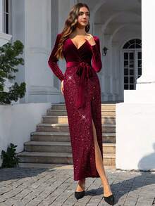 Volly Toych Elegant Burgundy V-Neck Velvet Sequin Maxi Dress, Long Sleeve, Waist Tie, Alluring Slit Design, Suitable For Formal Evening Events - Burgundy - View 4