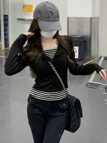 Áo thun nữ dáng ôm, phối màu, kẻ sọc, có khuy cài, kiểu dáng thường ngày, màu đen, thích hợp cho mùa thu sớm. - màu đen - Xem 2