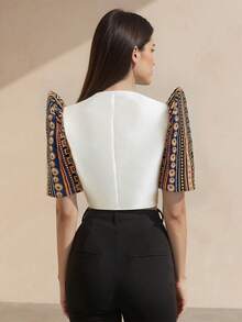 Amyenjoylife 现代菲律宾传统上衣，蝴蝶袖菲律宾传统上衣，夏季女士时尚优雅拼接泡泡袖开衫上衣，女士菲律宾传统短上衣，金色上衣 - 金色 - 查看 2