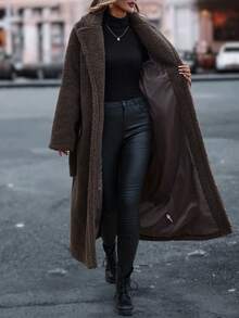 Fashionable Casual Solid Color Thickened Thermal Lined Lapel Pocket Belted Long Sleeve Loose Long Women Jacket, Autumn/Winter - Brown - View 5