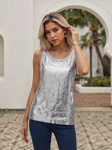 Women's Sleeveless Sparkle Shimmer Camisole Vest Glitter Sequin Metallic Tank Tops Summer Rave Club Party Vest - Bạc - Xem 3